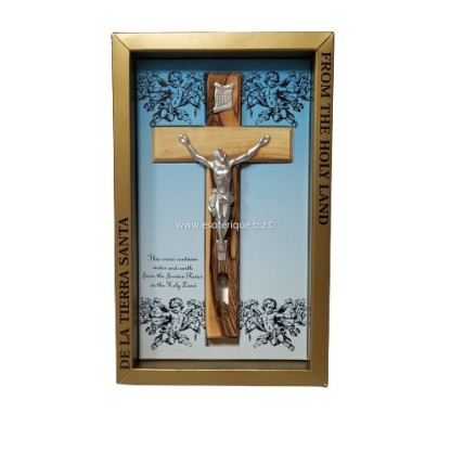 CRUCIFIX EN BOIS D'OLIVIER avec FIOLE EAU BENITE 16cm