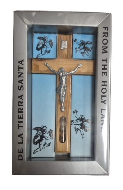 CRUCIFIX EN BOIS D'OLIVIER avec FIOLE EAU BENITE 12cm